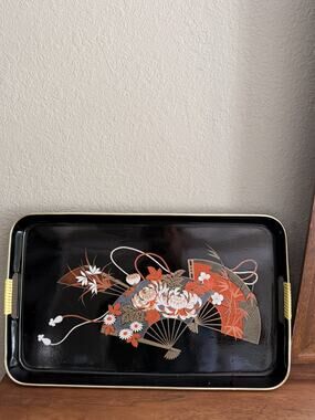 Vintage Toyo Japan Black Lacquer Serving Tray Fan Floral Design 19” x 11”